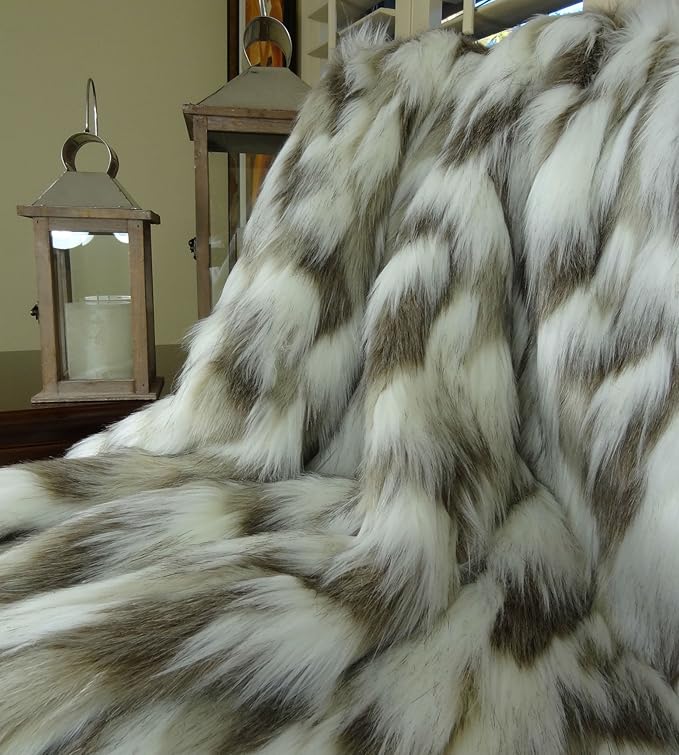 Ivory Beige Luxury Faux Fur Throw Blanket - Tibet Fox Fur - 96W x 110L Bedspread