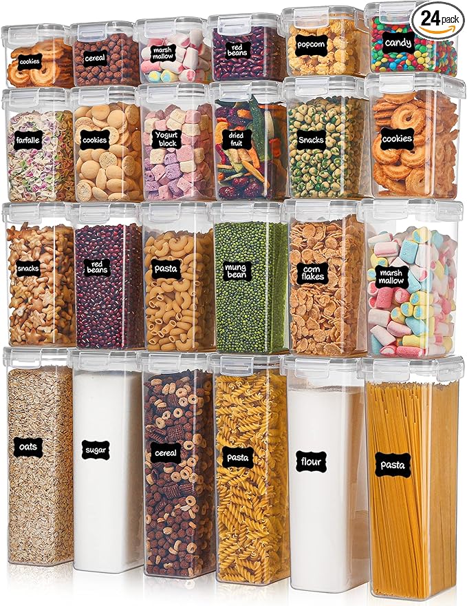 Vtopmart Airtight Food Storage Containers with Lids, 24 pcs Plastic Kitchen and Pantry Organization Canisters for Cereal, Dry Food, Flour and Sugar, BPA Free, Includes 24 Labels,Gray