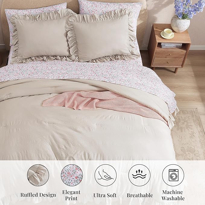 Queen Comforter Set - 7 Pieces Ruffle Beige Bedding Sets, Shabby Chic Farmhouse Bed in a Bag Queen with Ruffle Comforter, Floral Sheets, Pillowcases & Shams