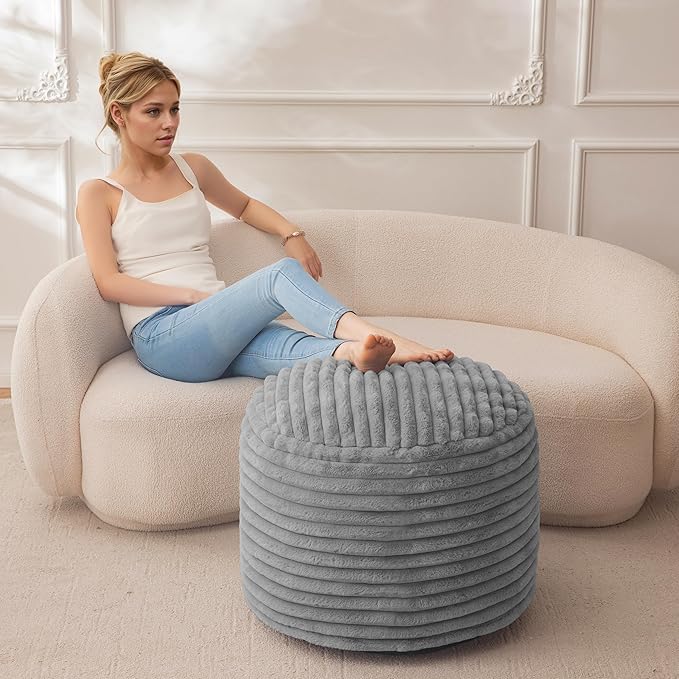 HIGOGOGO Round Stuffed Pouf Ottoman, Stripe Faux Fur Poufs with Foam Chunk Filling, Furry and Fluffy Pouf Foot Stool Storage Ottoman, 26 X 18 Floor Poufs Foot Rest for Living Room, Grey