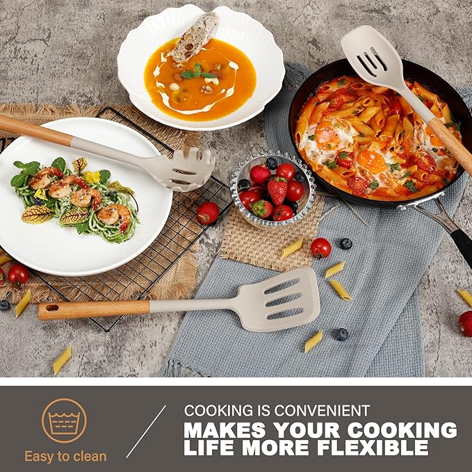 QMVESS Silicone Cooking Utensils Set, Kitchen Utensils Set 7 Pcs with Long Wooden Handle, Food Grade and Heat Resistant Large Silicone Spatula Set for Nonstick Cookware, BPA Free(Khaki)