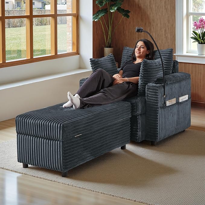 Accent Chair with Storage Ottoman Upholstered Living Room Chairs for Reading Chair with Chaise Lounge Chairs Indoor, Comfortable Armchair for Bedroom