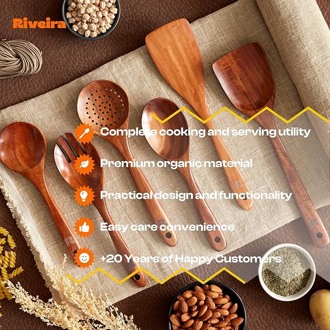 Riveira's 6-Piece Dark Brown Wooden Spoons for Cooking - Elegant Kitchen Essentials/Kitchen Utensils Set for Every Culinary Need Spatula