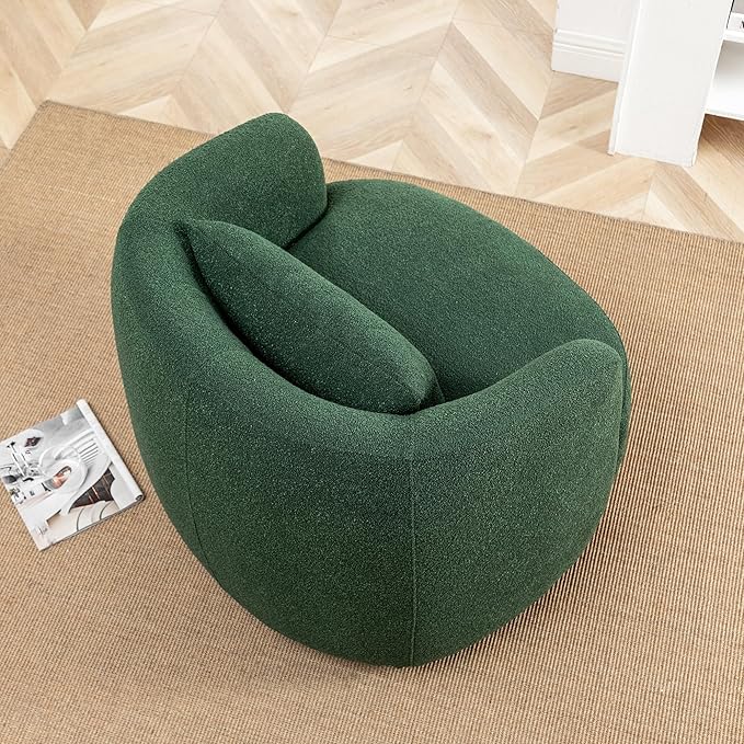 KINWELL 34" Wide Boucle Swivel Barrel Chair, No Assembly Round Upholstered Armchair Accent Chair Single Sofa Chair with Toss Pillow for Living Room and Bedroom, Green
