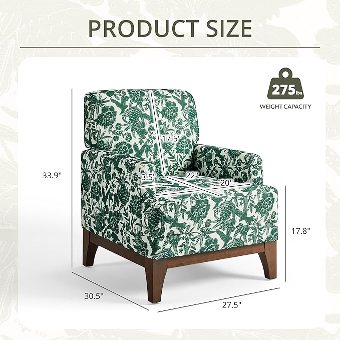 Floral Accent Armchair, Retro Wingback Upholstered Armchair with Wide Dipped Back Design and Wooden Legs, High Back Armchair, Leisure Single Sofa Chair for Living Room, Bedroom, Balcony, Green