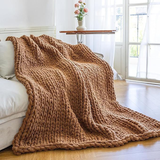 Chunky Knit Blanket - Luxury Soft Cozy Extra Large Size (80 * 90) Throw Blanket,100% Woven Blanket Rope Knot Throw Blanket for Couch, Sofa, Home Decor, Gift - Machine Washable(Brown)
