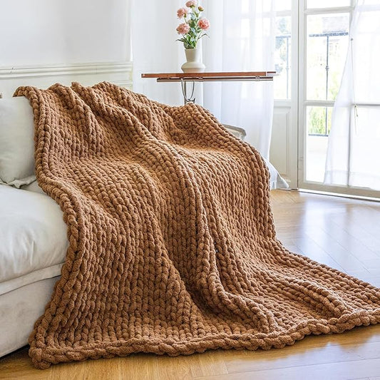 Chunky Knit Blanket - Luxury Soft Cozy 50 * 60 Throw Blanket,100% Woven Blanket Rope Knot Throw Blanket for Couch, Sofa, Home Decor, Gift - Machine Washable(Brown)