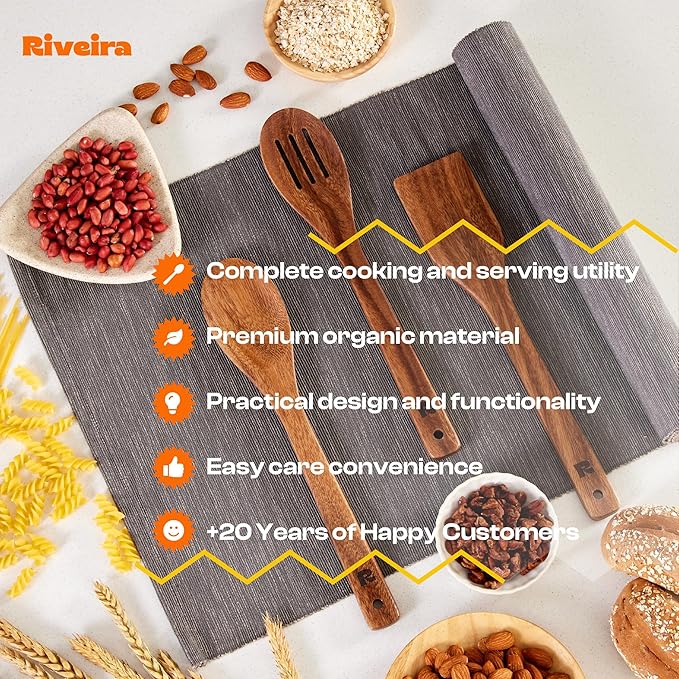 Riveira Walnut Wooden Spoons for Cooking Set of 3 – Natural Walnut Wooden Cooking Utensils, Spatula, Spoon - Premium Quality Utensil Set for Non-Toxic Cooking