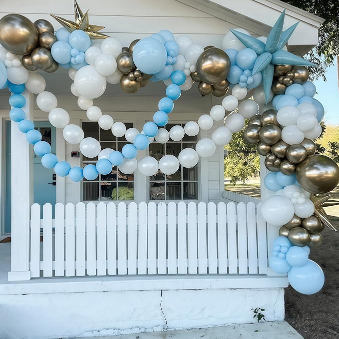 Blue and White Link Balloons, 60PCS Baby Light Blue White Linking Balloons with Tail for Making Balloon Wall Arch and Chains, Quick Balloon for Wedding Birthday Baby Shower Party Decorations (6inch)
