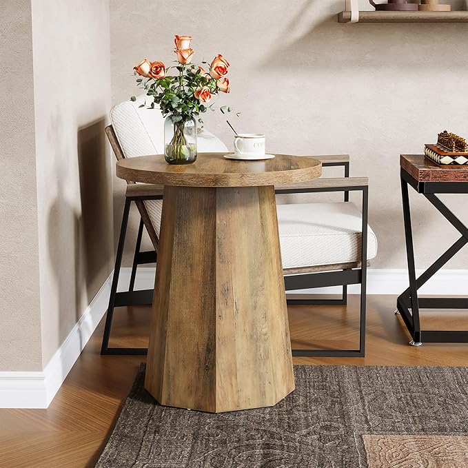 Tribesigns Round Pedestal End Table, Farmhouse Couch Side Table with Octagonal Base, Nightstand Accent Wooden Drink Stand (2, Rustic Brown)