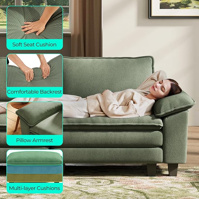 LINSY HOME Modular Sectional Sofa - 123'' Oversized Corduroy Cloud Couch L Shaped Couch with Movable Ottoman Soft Modern Comfy Sofa for Living Room Apartment Office, Green