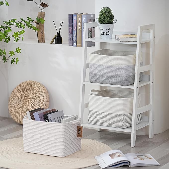 COMFY-HOMI 3PACK Cotton Rope Square Basket with Handles for Shelves|Dog Toy Basket Bin and Storage|Baby Basket for Gif|Shoe basket for Organizing|New13.5" x 11" x 9.5" for Living Room(All White)