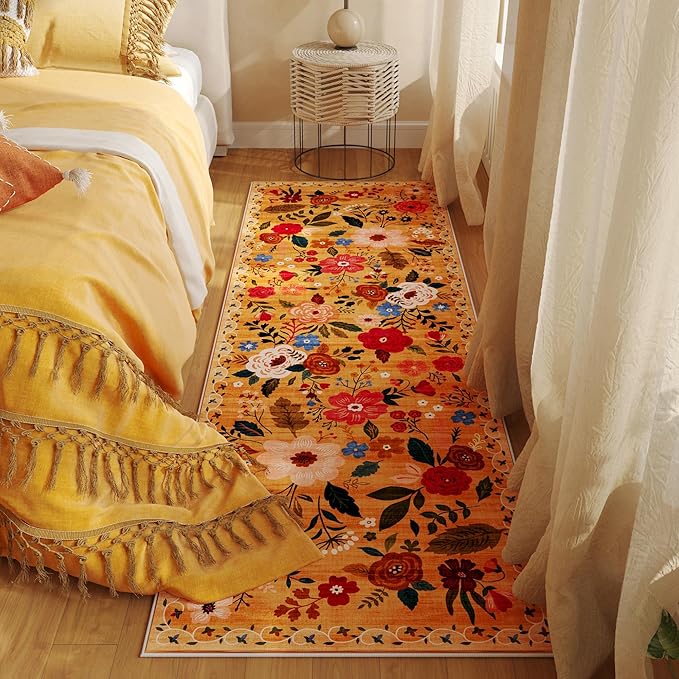 Runner Rug for Hallways Kitchen Rug Non Slip 2'6''x8' Washable Runner Rugs with Rubber Backing Soft Floral Carpet Runner for Hallways, Kitchen, Laundry, Bedroom, Bathroom(Yellow)
