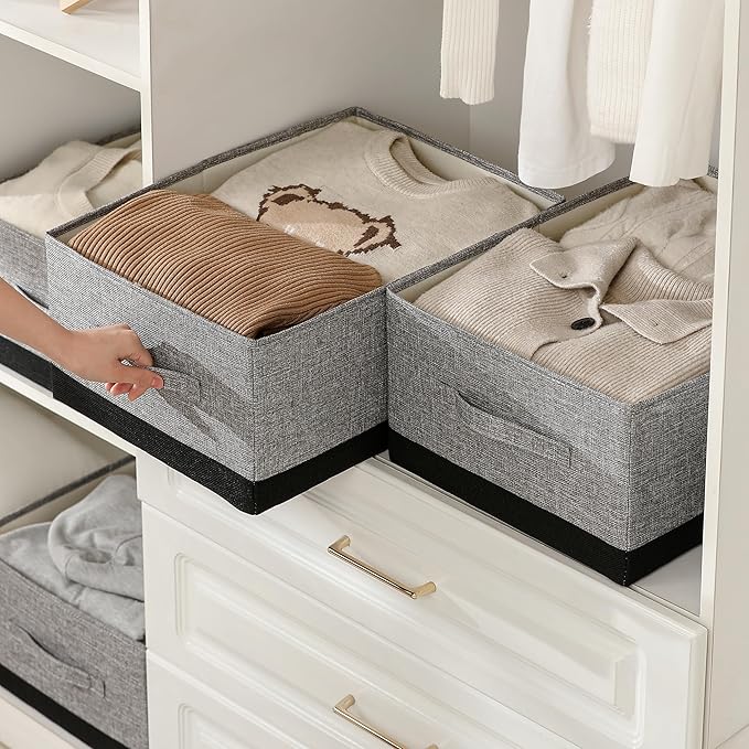 Linen Folding Storage Bins, 3 Pack Large Storage Baskets, Washable, Clothing Storage Bins with Handle, Closet Organizer for Storage Sweater,Sheets (gray black, 18½"x13½"x8½")