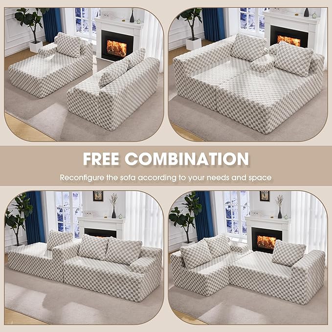 Hobestluk 96“ Modular Sectional Sofa Couches L-Shape Couch 3 Seat Modular Sofa Sectional Couches for Living Room, Cloud Couch with Oversized Chaise (Greygreen, Checked (Left Facing Chaise))