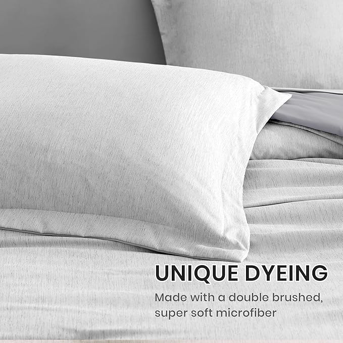 Monbix Queen Comforter Set - 7 Pieces Cationic Dyeing Light Grey Bed in a Bag Queen Bedding Sets with Comforter, Sheets, Pillowcases & Shams, Reversible Bedding Comforters Sets