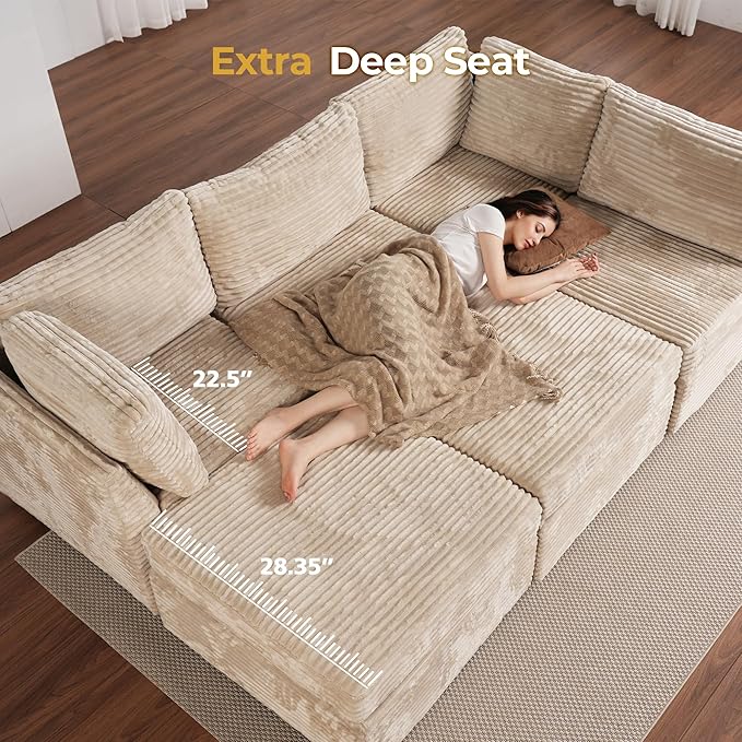 HOOOWOOO Modular Sectional Sofa,7 Pieces Sectional Couches for Living Room,131X98 U Shaped Cloud Couch Set(Beige Velvet Corduroy)