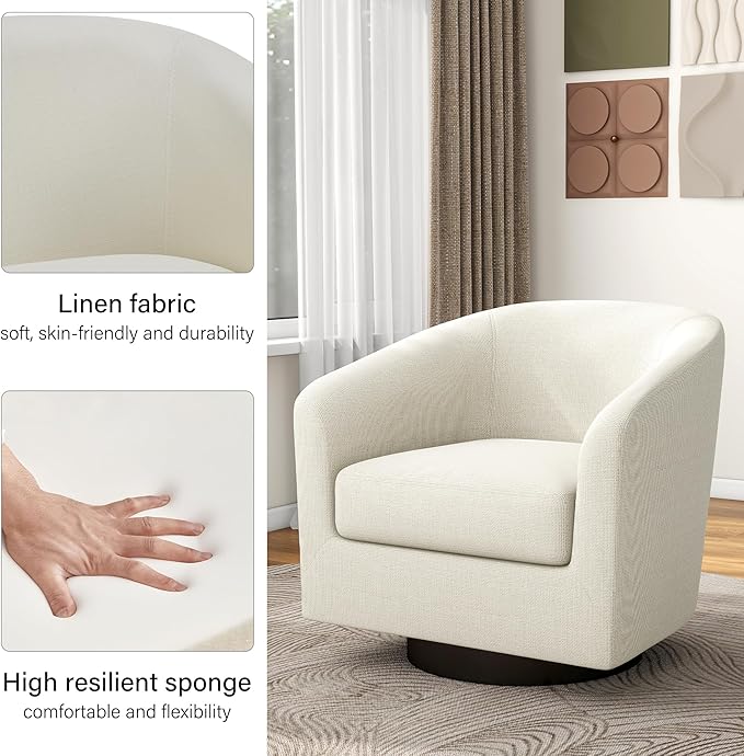 Swivel Barrel Accent Chair, Modern Round Linen Arm Chair for Living Room, Bedroom, Comfy Club Reading Chairs for Adults(Linen Fabric, Beige, Set of 2