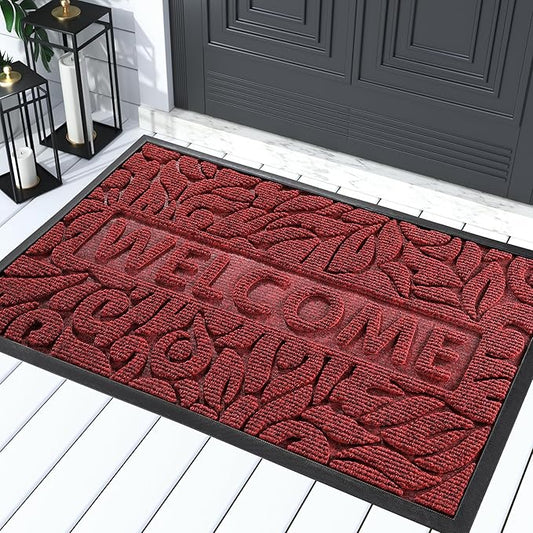 Yimobra Welcome Mat Outdoor Indoor, 29.5x17 Waterproof Door Mat Outside Entrance, All-Weather Non Slip Doormat, Low-Profile Front Door Mat, Porch and Patio Entryway Mat, Wine Red