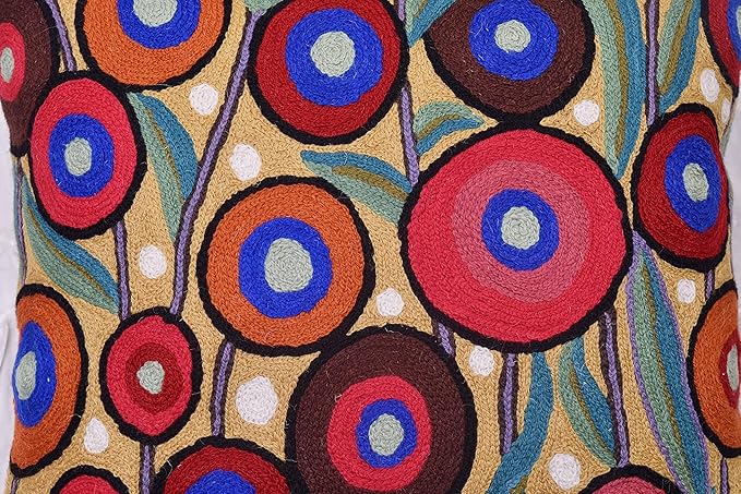 Yellow Floral Poppy Pillow Cover - Red Floral Outdoor Pillowcase - Suzani Accent Pillow - Flower Accent Cushions - Hand Embroidered Wool - Size 18x18