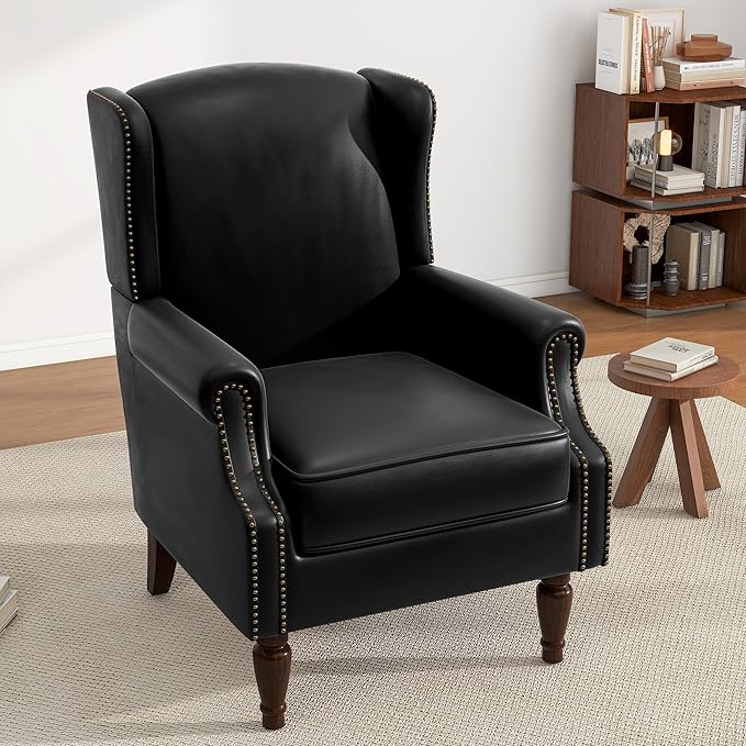 UIXE Faux Leather High Back Accent Chairs Set of 2, Upholstered Armchair for Living Room, Retro Wingback Arm Chair Nailhead Trim Single Sofa Bedroom Reading Seat with Solid Wood Legs - Black