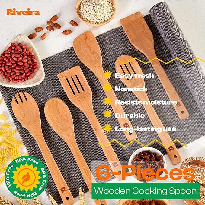 Riveira Cherry Wooden Spoons for Cooking Set of 6 – Natural Cherry Wooden Cooking Utensils, Wooden Spatula, Wooden Spoon - Premium Quality Wooden Utensil Set for Non-Toxic Cooking