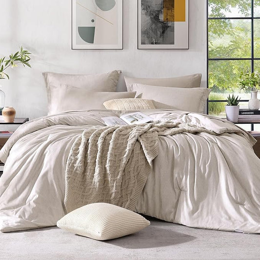 Monbix Queen Comforter Set - 7 Pieces Cationic Dyeing Oatmeal Beige Bed in a Bag Queen Bedding Sets with Comforter, Sheets, Pillowcases & Shams, Reversible Bedding Comforters Sets