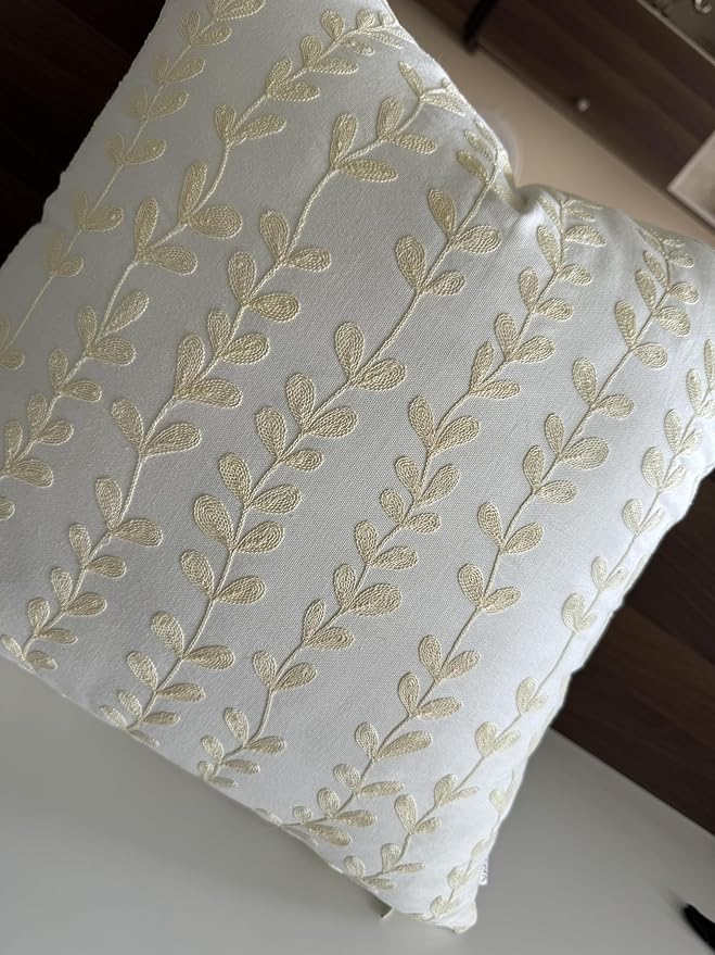 VAGMINE Embroidered Floating Leaves Throw Pillow Cover - 18x18 Inches Square - 100% Cotton Ivory Decorative Cushion Cover - Timeless Nature-Inspired Accent for Sofa, Couch & Modern Decor - Cream