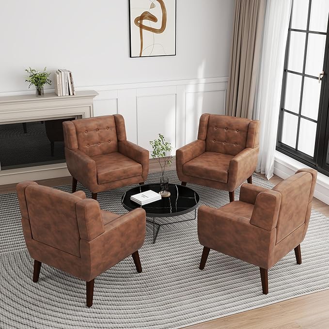 UIXE Faux Leather Accent Chairs Set of 4, Modern Arm Club Chair Upholstered Armchair for Living Room, Comfy Single Sofa Seats Button Tufted Reading Seating, Coffee
