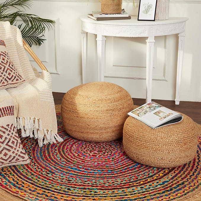 REDEARTH · Jute Circular Pouf Ottoman - Braided Pouffe Accent Sitting Round Footrest for Living Room, Bedroom, Nursery, kidsroom, Patio, Gym; 100% Jute Set of 2 (19.5"x19.5"x14"; Jute Natural)