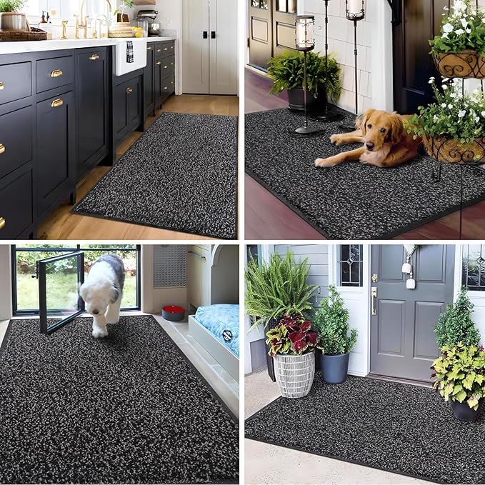 Mibao Front Door Mat, Dirt Trapper Welcome Mat for Outdoor Indoor, Non-Slip Waterproof Doormat, Durable Machine Washable Low Profile Entry Rug for Back Door Outside Patio Porch, 60" x 36", Black