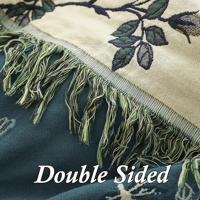 Snycler Boho Throw Blanket for Bed - 100% Cotton Ultra Soft Rustic Quilt Blanket Green Floral Bird Printed Farmhouse Decor Bed Blankets, 60"×80" All Season Rustic Throw for Sofa Chair Couch