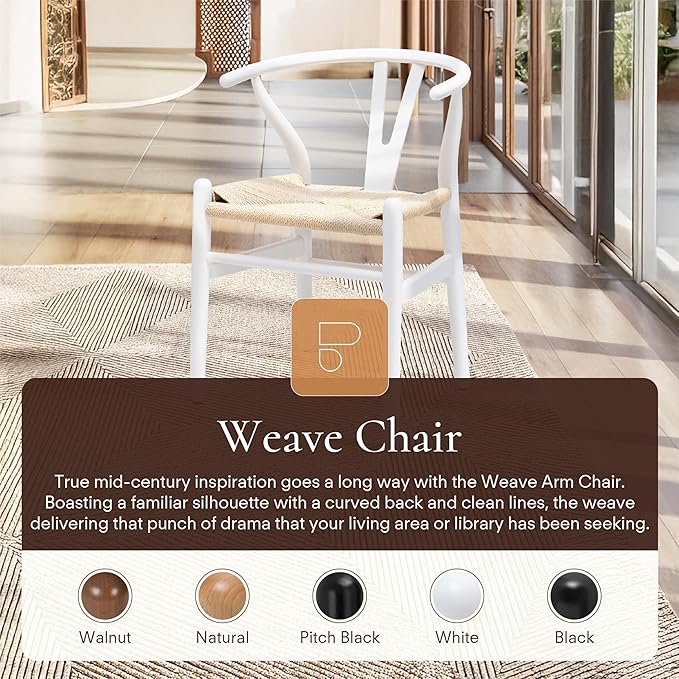 POLY & BARK Weave Dining Chair – Mid-Century Modern Wishbone Dining Chair with Arms, Solid Wood Frame, Indoor Use – White – Single - Ideal for Dining Room, Kitchen or Stylish Accent Setting