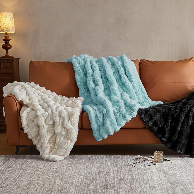 JELLYMONI Faux Fur Throw Blanket, Black Fuzzy Cozy Plush Bubble Bed Blanket, Thick and Warm King (108" x 90")