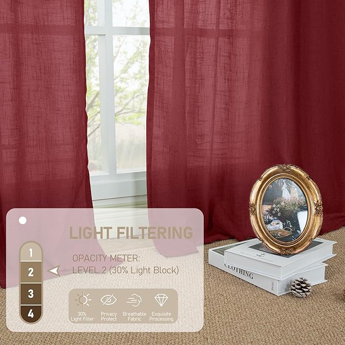 LAMIT Red Linen Curtains 40 Inches Long for Kitchen, Semi Sheer Light Filtering Panels Bronze Grommet Christmas Decor Drapes for Small Windows/Bathroom, 2 Panels Set, Burgundy Red, 34 x 40 Inch