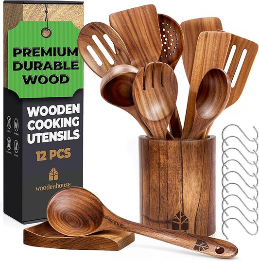 Wooden Spoons for Cooking – Wooden Cooking Utensils Set with Holder, Spoon Rest & Hooks, Teak Wood Nonstick Kitchen Cookware – Durable Set of 12pcs by Woodenhouse
