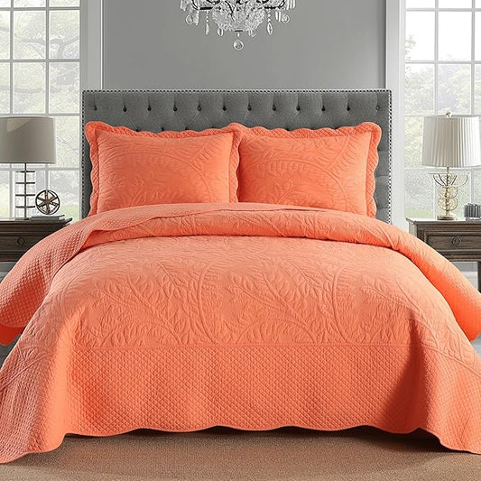 MarCielo 3-Piece 100% Cotton Oversized Bedspread Lightweight Quilt Coverlet Embroidery Farmhouse Bedding Set T0 (Salmon, Oversized King (118"x106"))