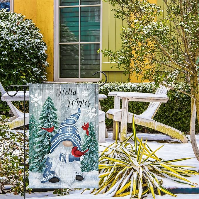 Hello Winter Gnome Garden Flag 12x18 Double Sided Burlap Cardinals Snowflakes Snow Yard Flags for Christmas Seasonal Outside Outdoor House Decoration (ONLY FLAG)
