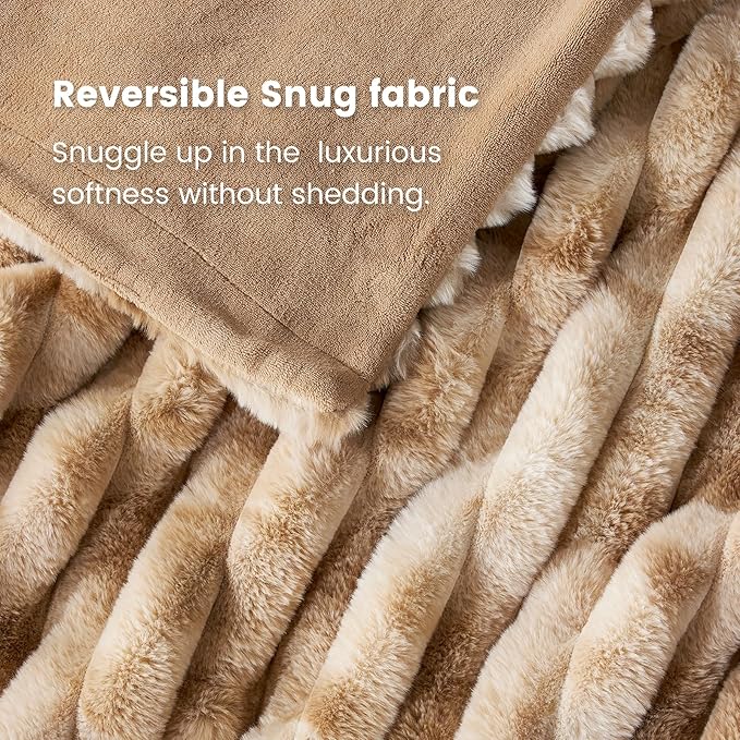 Cozy Bliss Faux Fur Throw Blanket for Couch, Cozy Warm Plush Striped Blanket for Sofa Bedroom Living Room, 50 * 60 Inches Tie-dye Kahki