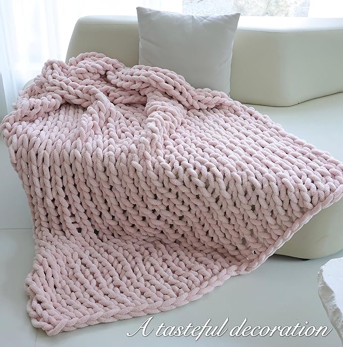 Maetoow Chenille Chunky Knit Blanket Throw (60×80 Inch), Handmade Warm & Cozy Blanket Couch, Bed, Home Decor, Soft Breathable Fleece Banket, Christmas Thick and Giant Yarn Throws, Light Pink