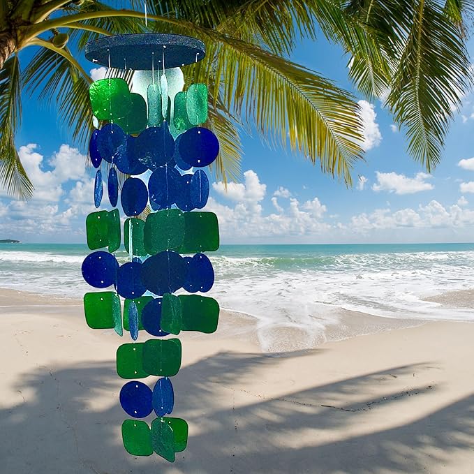 Bellaa 24858 Wind Chimes Outdoor, Garden Decorations, Musical, Indoor/Outside Windchimes, Beach, Ocean Breeze, Gifts for Mom, Gift for All Occasions, Capiz Sea Glass Shells Wood 27 inch Green Blue