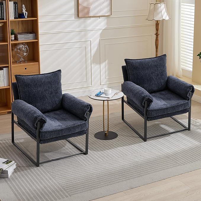 YISHENG Accent Chair with 6-Angle Adjustable Backrest, Chenille Fabric Living Room Chair Upholstered Lounge Chair, Modern Chair Cozy Reclining Chair for Reading Room, Set of 2 Dark Blue