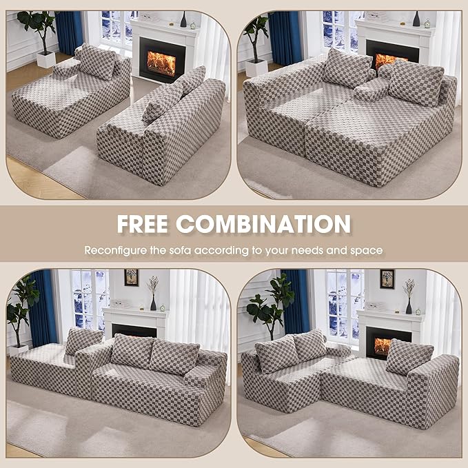 Hobestluk 96” Modular Sectional Sofa Couches L-Shape Couch 3 Seat Modular Sofa Memory Foam Sectional Couches for Living Room, Cloud Couch with Oversized Chaise (Grey, Checked (Left Facing Chaise))