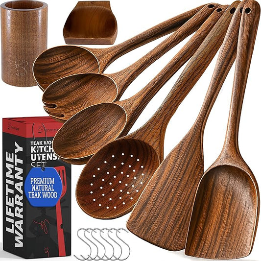 PriorityChef Premium Wooden Spoons for Cooking - 6pc with Utensil Holder, Spoon Rest and Hanging Hooks, Smooth Finish Teak Wooden Utensil Set, Heat-Resistant & Nonstick Safe, Ideal for Gifting