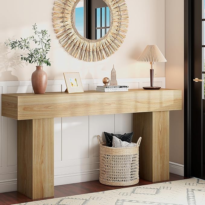 63 Inch Long Console Table for Entryway, Farmhouse Wood Rectangular Sofa Table Behind Couch Table, Narrow Entryway Table for Living Room, Entrance, Hallway, Foyer, Easy Assembly (Natural)