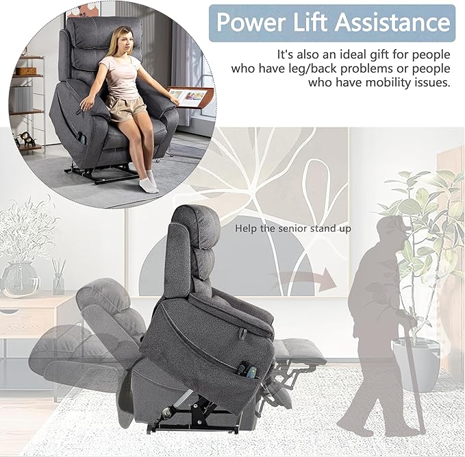 Power Lift Recliner Chair for Adults Elderly Lay Flat Velvet Recliners with Massage Heating, Extended Footrest, Wireless Charging Device, USB Ports, Cup Holder, Lumbar Pillow