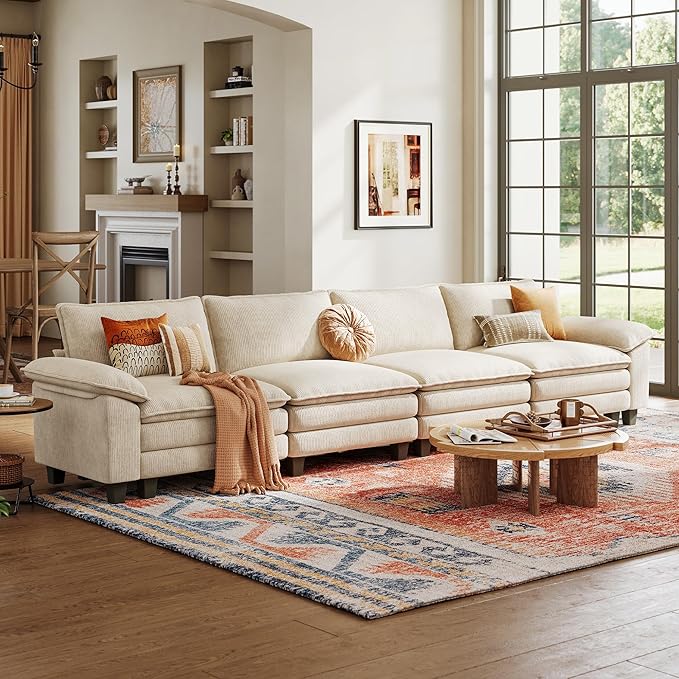 LINSY HOME Oversized Sectional Sofa - 157'' Oversized Corduroy Cloud Couch Deep Seat Modular Sofas Soft Modern Comfy Couches Furniture for Living Room Apartment Office, Beige
