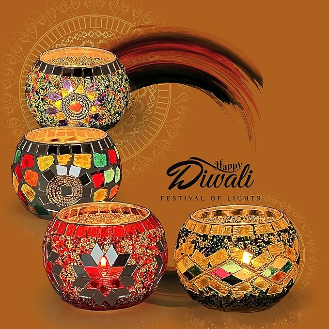 SHMILMH Glass Candle Holder Set of 4, Diwali Gift Votive Candle Holders Handmade Mosaic Glass Tealight Holders Diwali Christmas Table Decorations for Home
