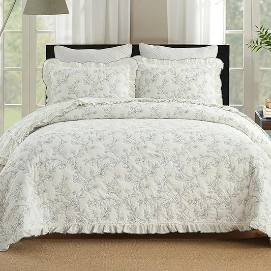 MarCielo 3-Piece 100% Cotton Bedspread Lightweight Quilt Coverlet Embroidery Farmhouse Bedding Set (Floral,Queen (98" X 90"))