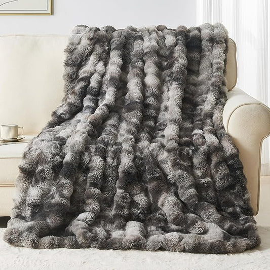Lotus Karen Faux Fur Throw Blanket Tie-Dye Dark Gray - Big Bubble Rabbit Fluff Blanket for Couch, Small Fluffy Fuzzy Cozy Blanket, Thick Furry Plush Shaggy Blankets, 50x60 Inches